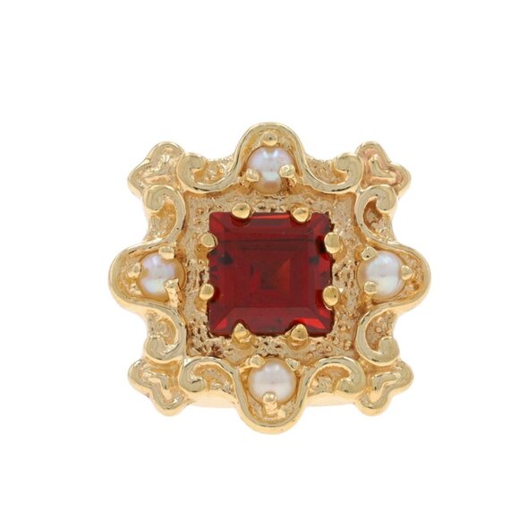 Yellow Gold Garnet Seed Pearls Slide Charm - 14k Square .94ct - Picture 1 of 4